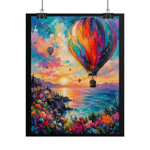 Load image into Gallery viewer, Vibrant Hot Air Balloon Coastal Sunset Poster - Colorful Seaside Village Wall Decor
