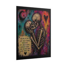 Load image into Gallery viewer, Rolled Poster - Vibrant Skeleton Couple 'Falling in Love' Art Print (Romantic Gothic Wall Art)
