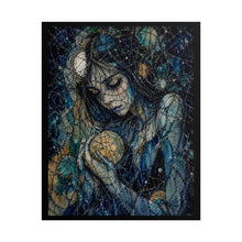 Load image into Gallery viewer, Cosmic Gothic Goddess Art Print – Dark Whimsy Stitched Girl Holding Glowing Moon Orb Wall Decor
