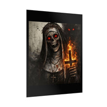 Load image into Gallery viewer, Horror Nun Poster – Flaming Inverted Cross Gothic Wall Art
