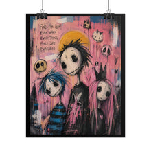 Load image into Gallery viewer, Gothic Skeleton Trio Art Print – "Find the Light Even When Everything Feels Like Darkness" Quote Wall Decor
