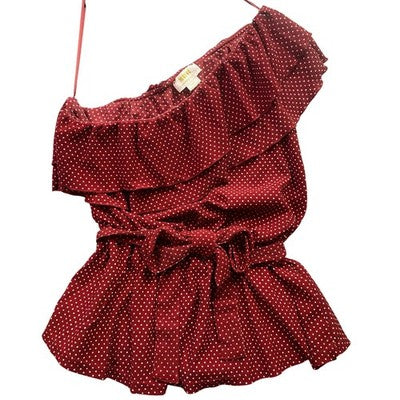 Maeve Anthropologie Blouse Womens Medium Polka Dot One Shoulder Ruffle Bow