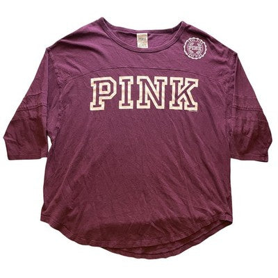 PINK Victoria's Secret Shirt Womens Large 3/4 Sleeve Spell Out Logo Maroon