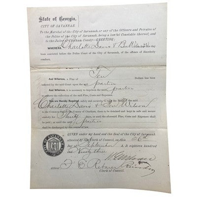 Antique 1893 Disorderly Conduct Judgement Court Paper Savanah GA Ephemera