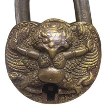 Load image into Gallery viewer, Garuda Padlock Antiqued Brass Lock Ornate Keys Bird Hindu God Working
