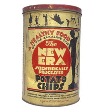 Load image into Gallery viewer, Vintage New Era Potato Chips Advertising Tin Can Nicolay Dancey Art Deco Red Lid
