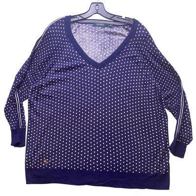Ralph Lauren Sweater Womens 2XL Polka Dot V-Neck Pullover Cold Shoulder Mature