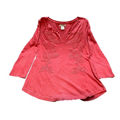 Lucky Brand Shirt Womens Small Coral Embroidered Boho Hippie Flowy Festival
