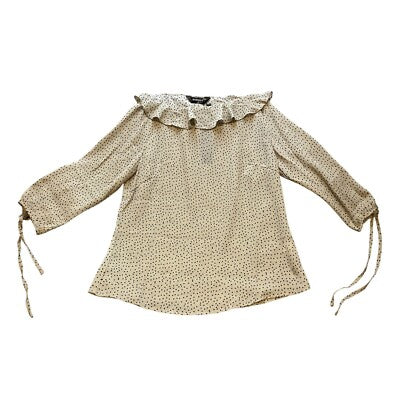 Allegra K Blouse Womens Extra Small Taupe Polka Dot Ruffle Neck Bow Sleeves NWT