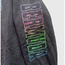 Load image into Gallery viewer, Bermuda Hoodie Mens Medium Rainbow Spell Out Sleeve Hits AOP Grunge Streetwear
