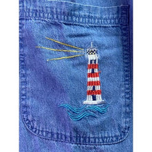 Load image into Gallery viewer, Vintage Blair Dress Womens Large Denim Lighthouse Embroidered Beachy Coastal
