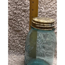 Load image into Gallery viewer, Antique Blue Glass Ball Mason Jar Zinc Lid Stamped 8 on Bottom

