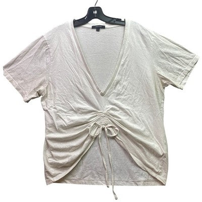 LAMARQUE Shirt Womens Large Ivory Pima Cotton Plunge Neck Cinched Bow Festival