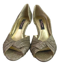 Load image into Gallery viewer, Nina New York Shoes Womens 7M Gold Glitter Open Toe Heels Cocktail Festival

