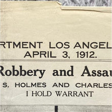 Load image into Gallery viewer, Antique 1912 Wanted Poster Mugshot Robbery Assault Murder Vintage Ephemera
