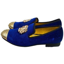 Load image into Gallery viewer, XQWFH Loafers Mens 9 Blue Velvet Gold Studded Dress Shoes Slip On
