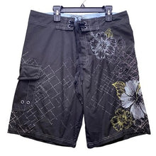 Load image into Gallery viewer, Ocean Pacific Shorts Mens 34 Embroidered Surfing Wraparound Surfing AOP Black
