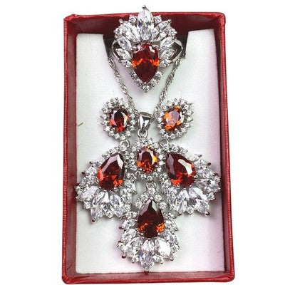 Orange Red Marquise Crystal Pendant Necklace Earrings Ring Jewelry Set Gift Box