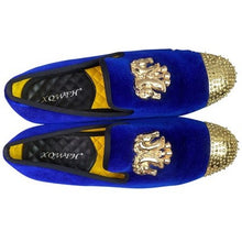 Load image into Gallery viewer, XQWFH Loafers Mens 9 Blue Velvet Gold Studded Dress Shoes Slip On
