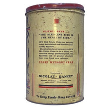 Load image into Gallery viewer, Vintage New Era Potato Chips Advertising Tin Can Nicolay Dancey Art Deco Red Lid
