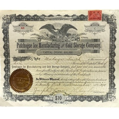 Antique 1898 Stock Certificate Patchogue Ice Manufacturing Cold Storage Company