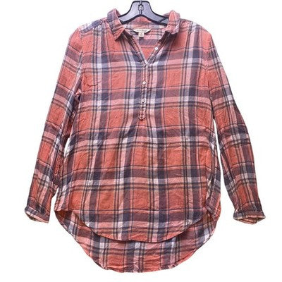 Lucky Brand Shirt Womens Small Plaid Button Down Peachy Orange Oversized