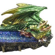 Load image into Gallery viewer, Dragon Incense Burner Holder Fantasy Green Metallic Blue Crystal Resin

