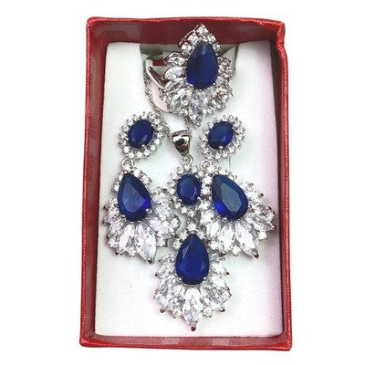 Blue Crystal Marquise Teardrop Ring Earrings Necklace Set Gift Box Cocktail