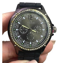 Load image into Gallery viewer, Techno KING Watch Black Chronograph Rhinestone Bezel Silicone Strap
