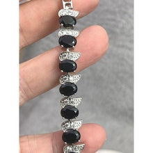 Load image into Gallery viewer, Oval Black Gemstone Crystal Bracelet Silver Tone Cocktail Festival Gift Box
