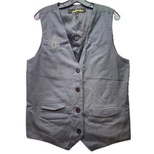 Load image into Gallery viewer, Cohesive Vest Mens Large Grey Pinstripe Crest Skull Embroidered Gothcore Grunge
