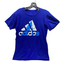 Load image into Gallery viewer, Adidas Shirt Mens Small Blue Striped Big Center Logo Spell Out Athleisure
