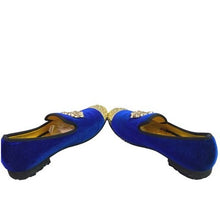 Load image into Gallery viewer, XQWFH Loafers Mens 9 Blue Velvet Gold Studded Dress Shoes Slip On
