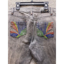 Load image into Gallery viewer, AKD MKS Jeans Womens 9 Gray Wash Rainbow Embroidered Pockets Academia Hip Hop
