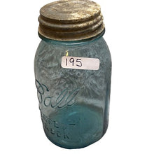 Load image into Gallery viewer, Antique Blue Glass Ball Mason Jar Zinc Lid Stamped 8 on Bottom
