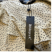 Load image into Gallery viewer, Allegra K Blouse Womens Extra Small Taupe Polka Dot Ruffle Neck Bow Sleeves NWT

