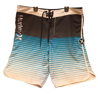 Hurley Shorts Mens Size 36 Surfing Board Spellout Logo Beach Stripe Drawstring