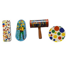 Load image into Gallery viewer, Four 4 Vintage Tin Litho Noise Makers Clacker Clown Wooden Handles Festival USA

