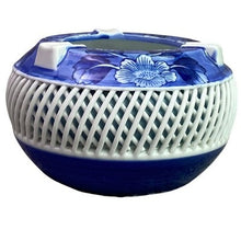 Load image into Gallery viewer, Antique Japanese Ashtray Porcelain Blue White Floral Lattice Stamped Trinkets
