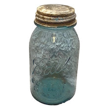 Load image into Gallery viewer, Antique Blue Glass Ball Mason Jar Zinc Lid Stamped 8 on Bottom
