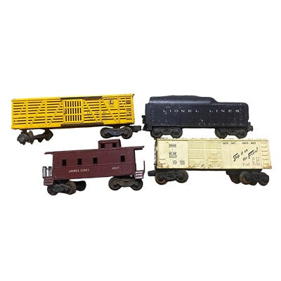 Four Vintage Lionel Train Cars Coal Tender Stock Car Caboose USA Collectible Toy