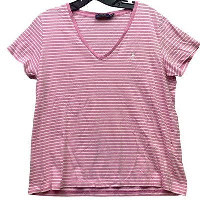 Polo Ralph Lauren Shirt Womens Large Pink Striped V-Neck Preppy Academia Mature