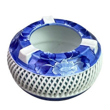 Load image into Gallery viewer, Antique Japanese Ashtray Porcelain Blue White Floral Lattice Stamped Trinkets

