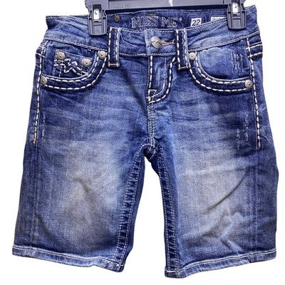 Miss Me Shorts Womens 22 Blue Demin Easy Embellished Pockets Distressed Bermuda