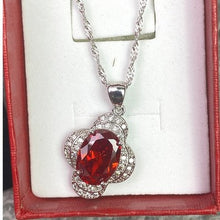 Load image into Gallery viewer, Red Crystal Clover Necklace Earrings Ring Jewelry Set Silver Tone Gift Box
