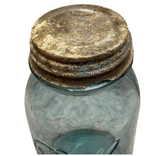Load image into Gallery viewer, Antique Blue Glass Ball Mason Jar Zinc Lid Stamped 8 on Bottom
