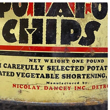 Load image into Gallery viewer, Vintage New Era Potato Chips Advertising Tin Can Nicolay Dancey Art Deco Red Lid
