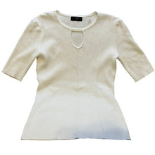 Load image into Gallery viewer, Tahari Sweater Womens Medium Keyhole Ribbed Knit Top Fitted Short Sleeve Ivory
