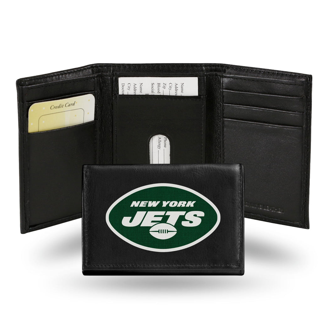 NEW YORK JETS BLACK EMBROIDERED GENUINE LEATHER TRI-FOLD WALLET