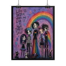 Load image into Gallery viewer, Spooky Cute Pastel Goth Friends under a Rainbow Poster - Colorful Identity Canvas Wall Decor
